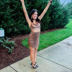 Sequin Cutout Mini Dress - Gold